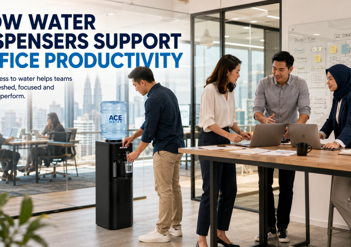 Employees collaborate in a modern office while using a water dispenser to stay hydrated during the workday. The clean workspace highlights how easy access to drinking water supports employee well-being, focus, teamwork, and overall office productivity.