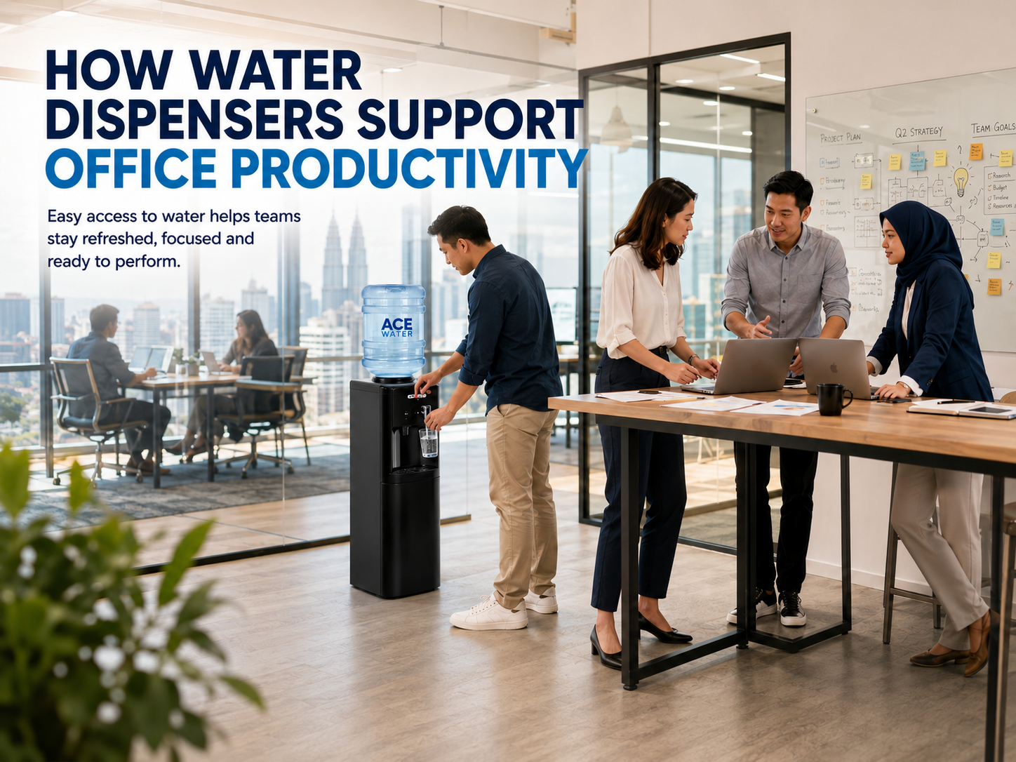 Employees collaborate in a modern office while using a water dispenser to stay hydrated during the workday. The clean workspace highlights how easy access to drinking water supports employee well-being, focus, teamwork, and overall office productivity.