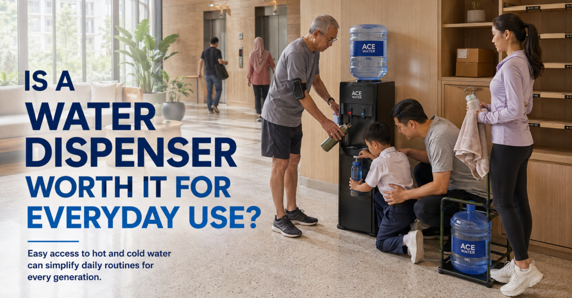 A family using a 19L bottled water dispenser in a shared residential space, showing convenient access to drinking water for children, adults, and seniors and illustrating the everyday benefits of a water dispenser.