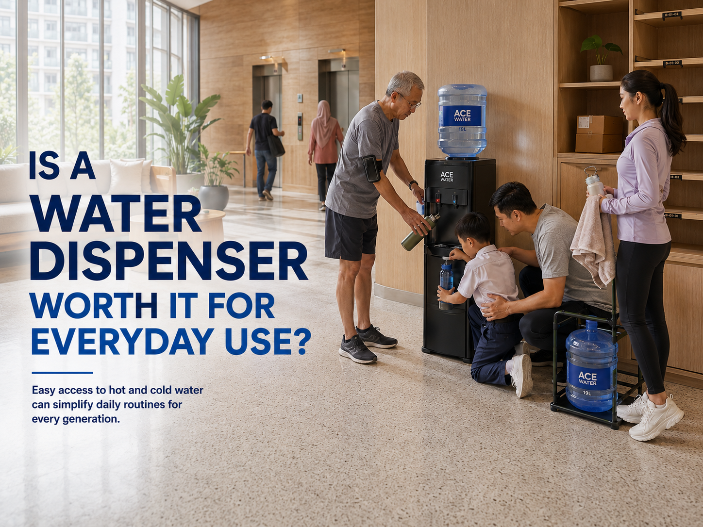 A family using a 19L bottled water dispenser in a shared residential space, showing convenient access to drinking water for children, adults, and seniors and illustrating the everyday benefits of a water dispenser.