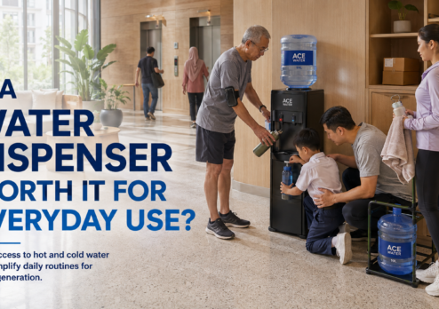 A family using a 19L bottled water dispenser in a shared residential space, showing convenient access to drinking water for children, adults, and seniors and illustrating the everyday benefits of a water dispenser.