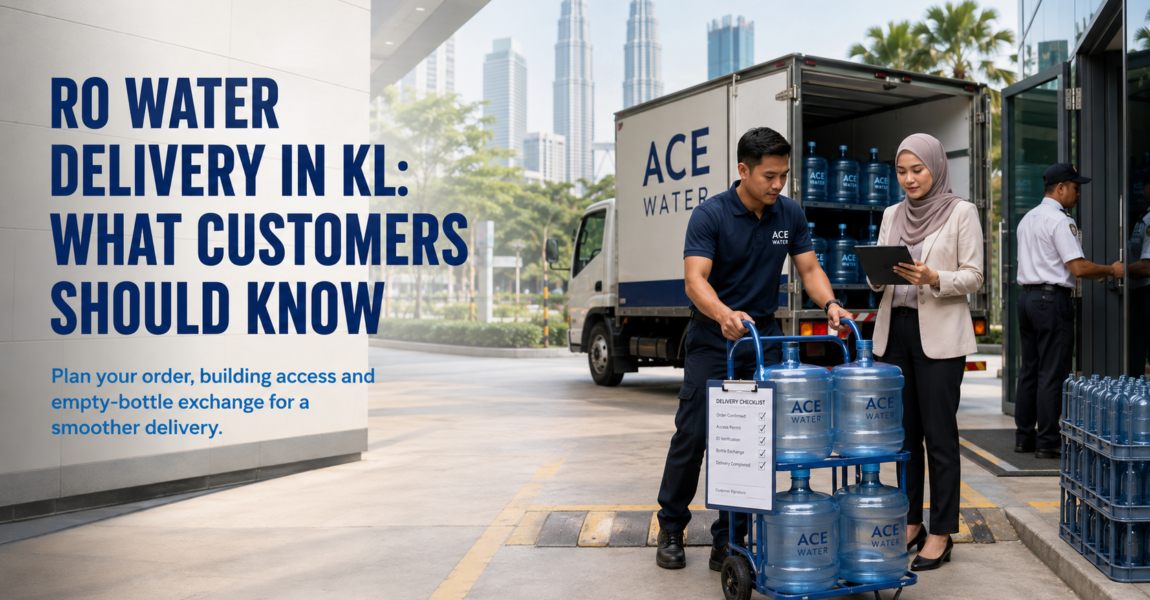 Ace Water staff delivering 19L RO water bottles to a customer at a commercial building in Kuala Lumpur, highlighting convenient RO water delivery, building access planning, and empty-bottle exchange.