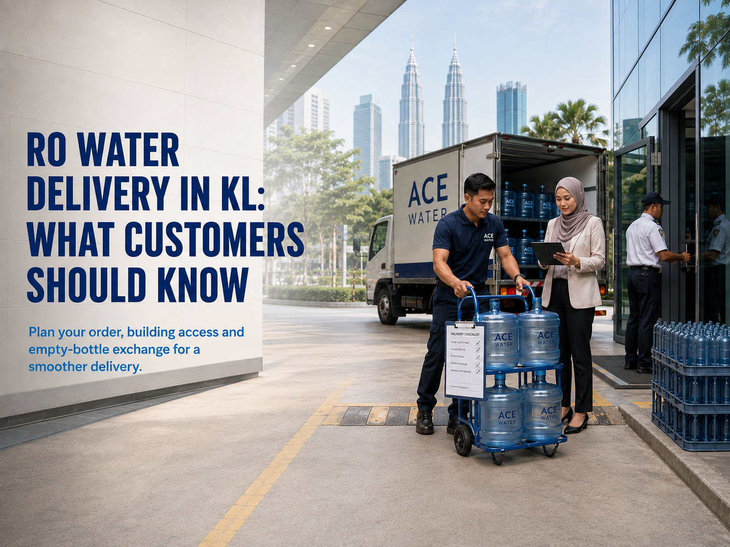 Ace Water staff delivering 19L RO water bottles to a customer at a commercial building in Kuala Lumpur, highlighting convenient RO water delivery, building access planning, and empty-bottle exchange.