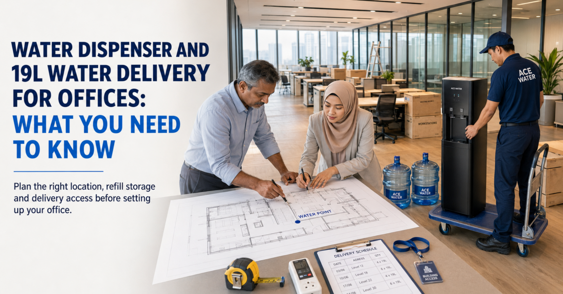 Office team planning a workplace hydration setup while an Ace Water staff member delivers a water dispenser and 19L water bottles, highlighting convenient 19L drinking water delivery for offices.