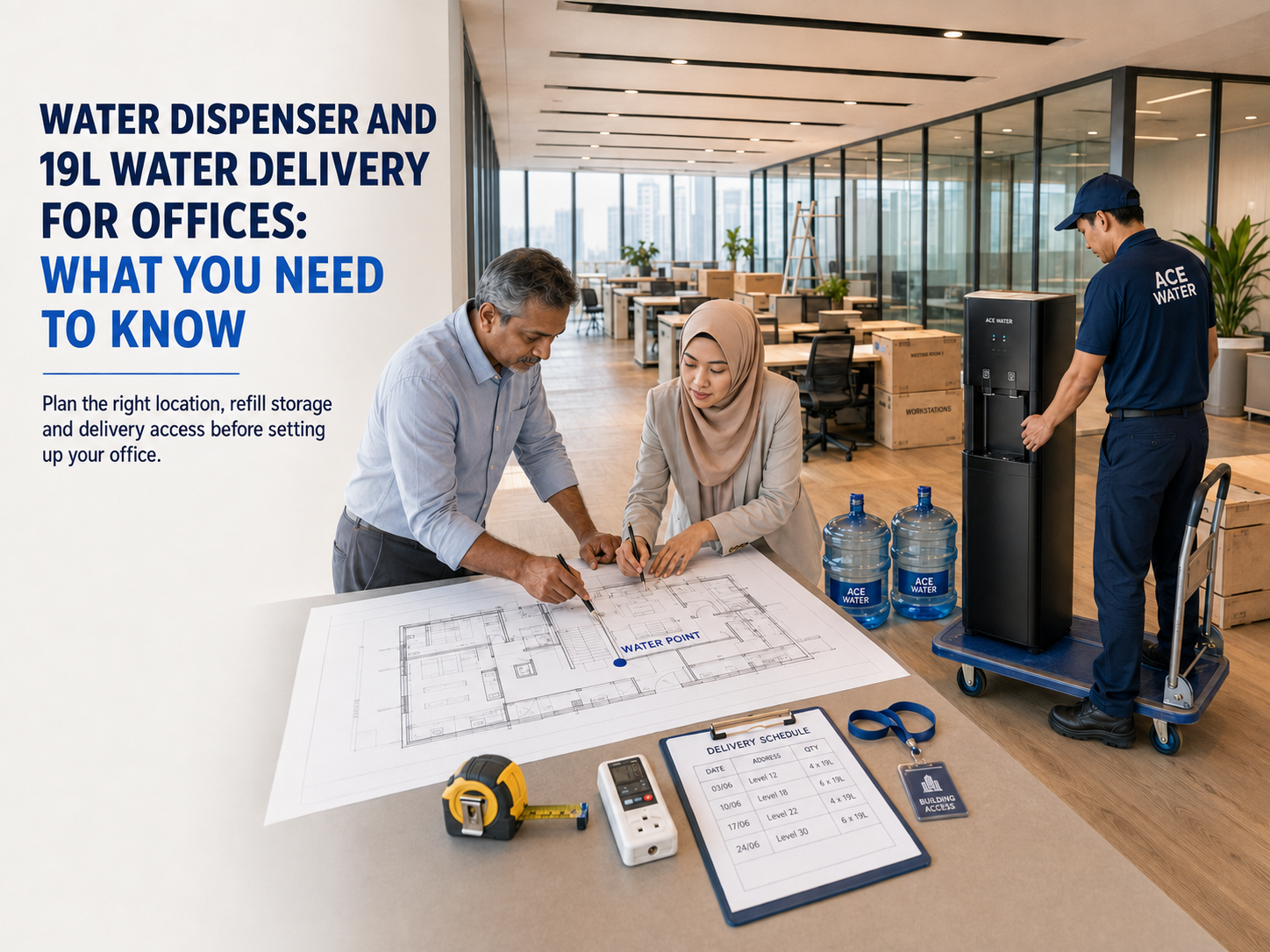 Office team planning a workplace hydration setup while an Ace Water staff member delivers a water dispenser and 19L water bottles, highlighting convenient 19L drinking water delivery for offices.