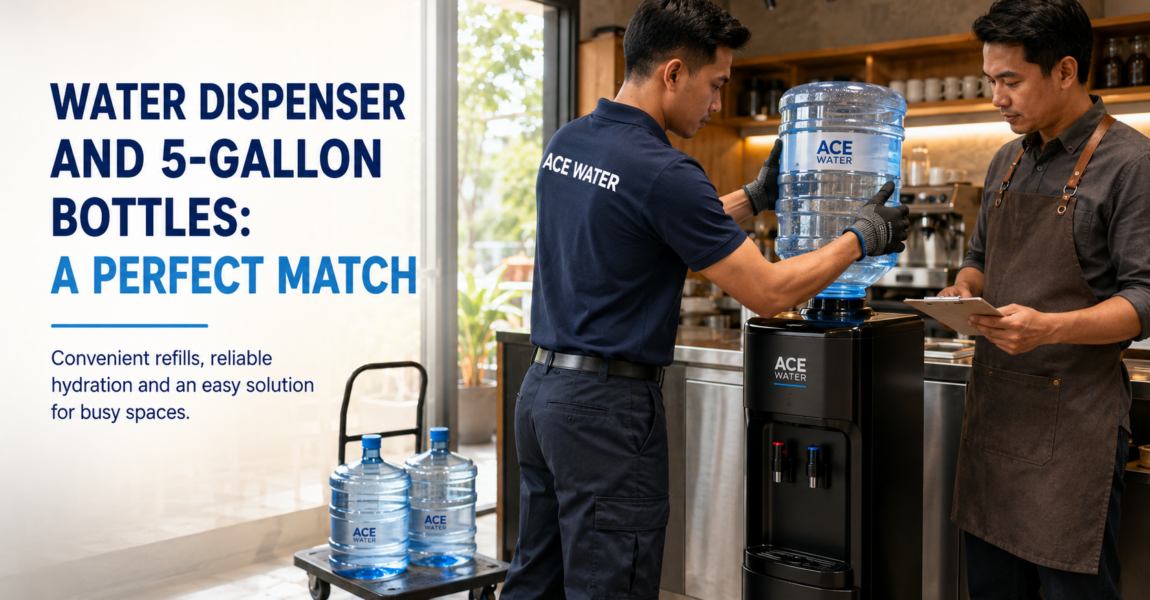 Ace Water staff installs a 5-gallon water bottle onto a water dispenser in a busy commercial space, highlighting the convenient combination of a water dispenser and 5-gallon bottles for reliable, easy access to drinking water.