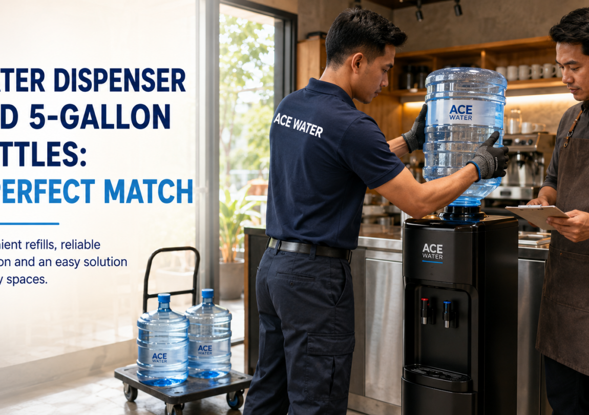 Ace Water staff installs a 5-gallon water bottle onto a water dispenser in a busy commercial space, highlighting the convenient combination of a water dispenser and 5-gallon bottles for reliable, easy access to drinking water.