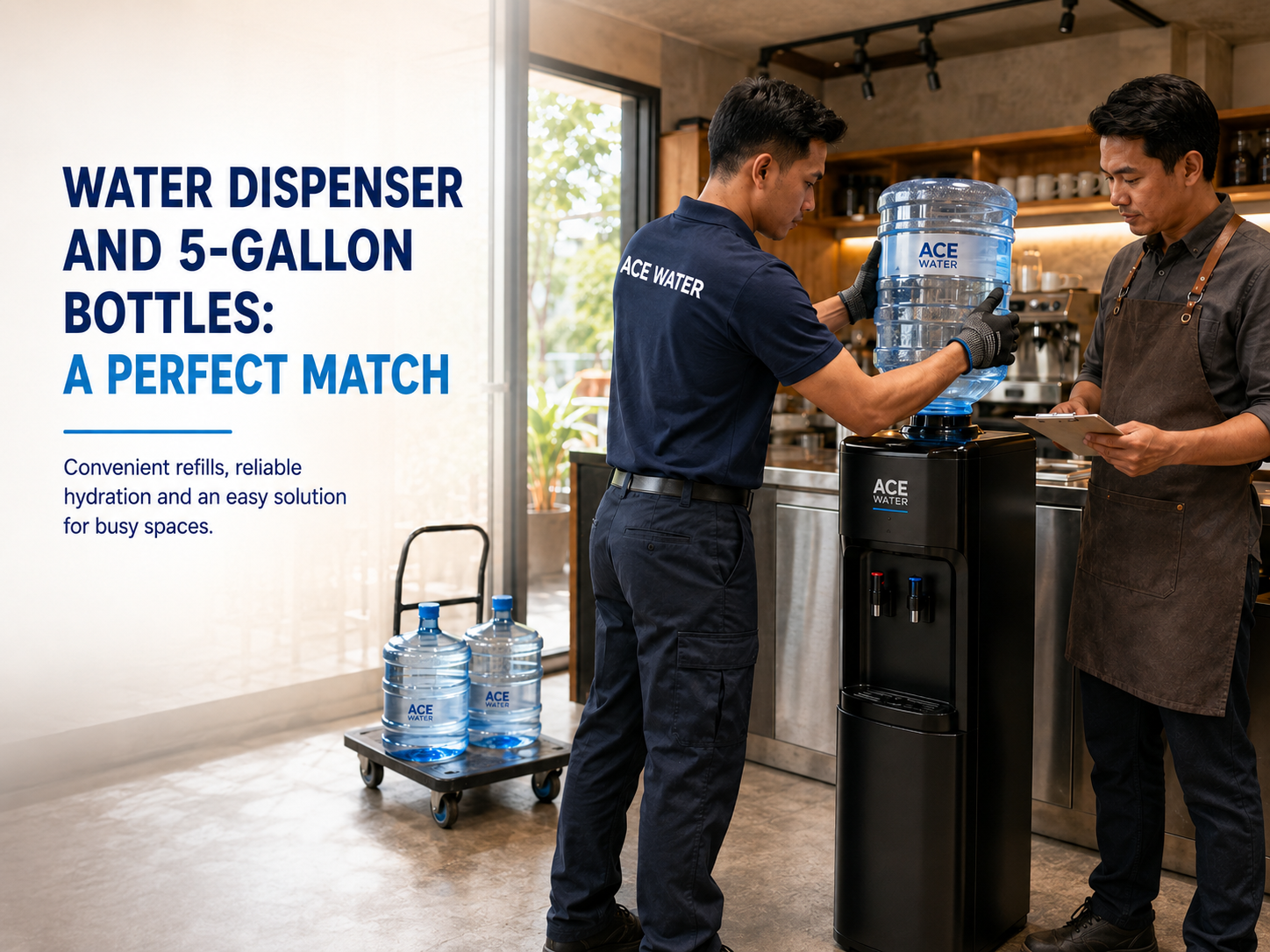 Ace Water staff installs a 5-gallon water bottle onto a water dispenser in a busy commercial space, highlighting the convenient combination of a water dispenser and 5-gallon bottles for reliable, easy access to drinking water.