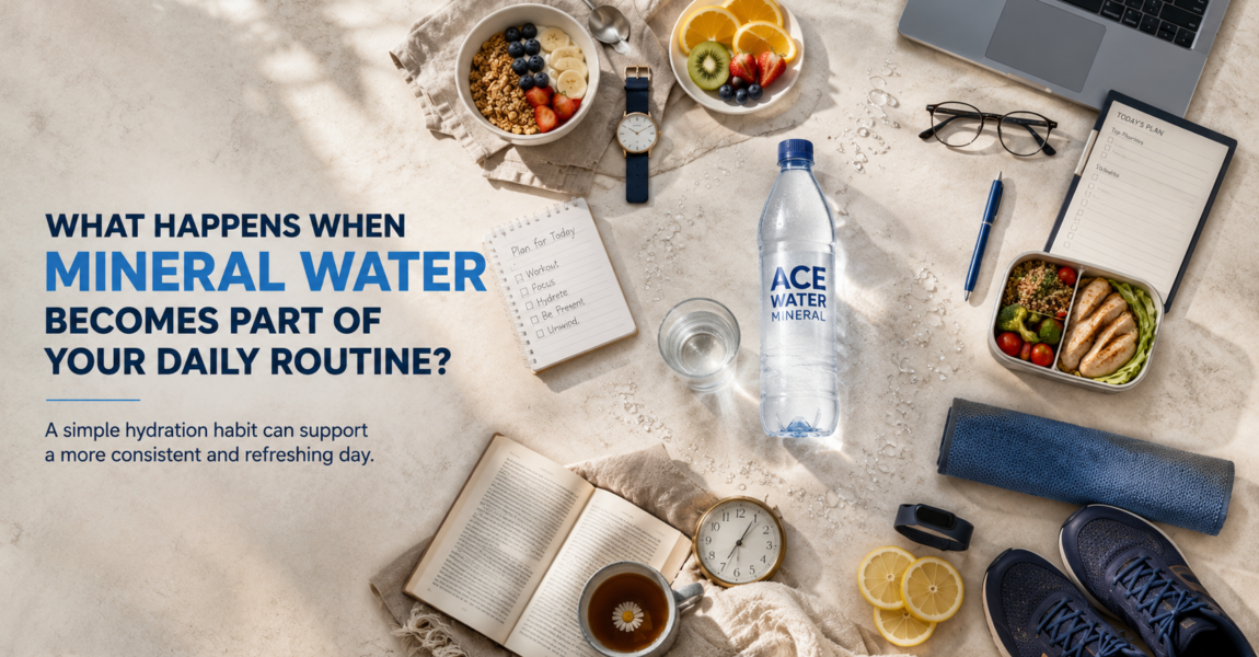 Ace Water mineral water bottle surrounded by healthy meals, fitness gear, a laptop, planner and daily essentials, illustrating how mineral water can become part of a healthy daily hydration routine.