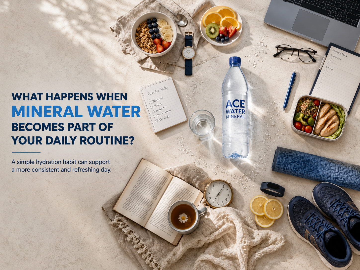 Ace Water mineral water bottle surrounded by healthy meals, fitness gear, a laptop, planner and daily essentials, illustrating how mineral water can become part of a healthy daily hydration routine.