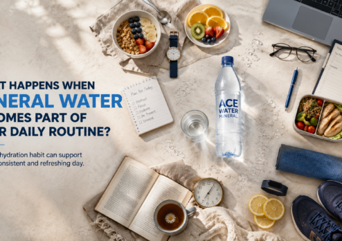 Ace Water mineral water bottle surrounded by healthy meals, fitness gear, a laptop, planner and daily essentials, illustrating how mineral water can become part of a healthy daily hydration routine.