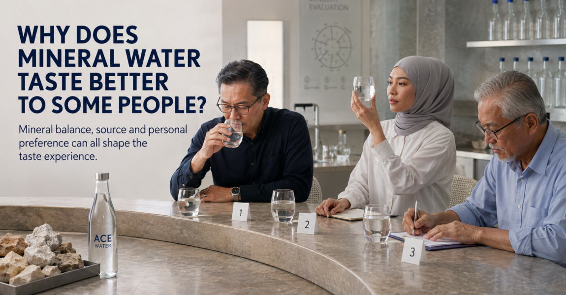 People participate in a mineral water tasting session, carefully observing, smelling, and sampling different glasses of water to compare taste and quality. The scene highlights how mineral content, natural source, and individual preferences influence why mineral water tastes better to some people.