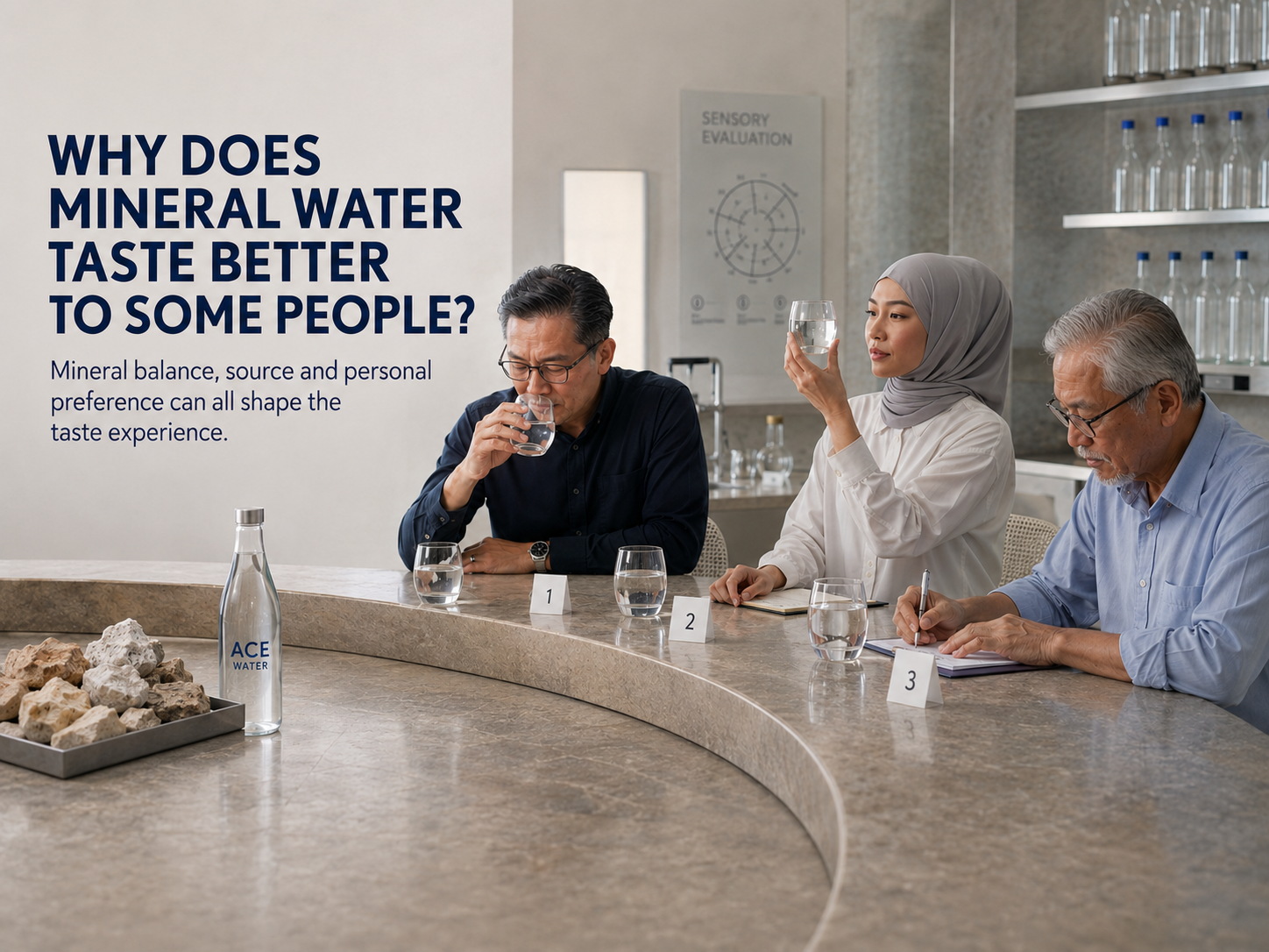 People participate in a mineral water tasting session, carefully observing, smelling, and sampling different glasses of water to compare taste and quality. The scene highlights how mineral content, natural source, and individual preferences influence why mineral water tastes better to some people.