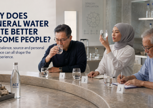 People participate in a mineral water tasting session, carefully observing, smelling, and sampling different glasses of water to compare taste and quality. The scene highlights how mineral content, natural source, and individual preferences influence why mineral water tastes better to some people.