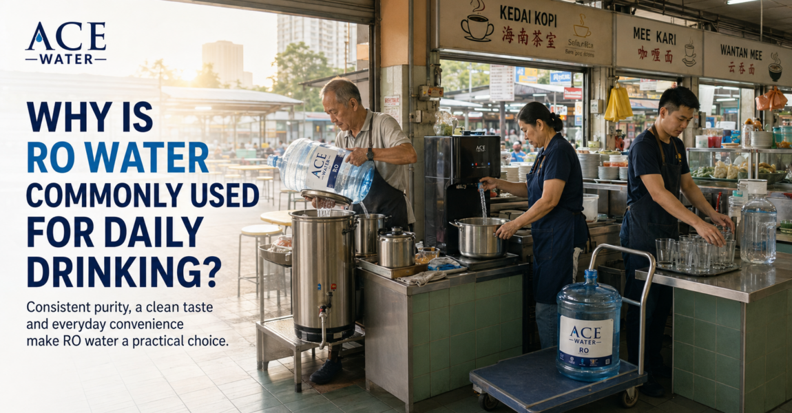 A Malaysian food stall using large RO water bottles and a water dispenser for daily drinking and food preparation, illustrating why RO water is commonly used for its convenience, clean taste, and consistent quality.