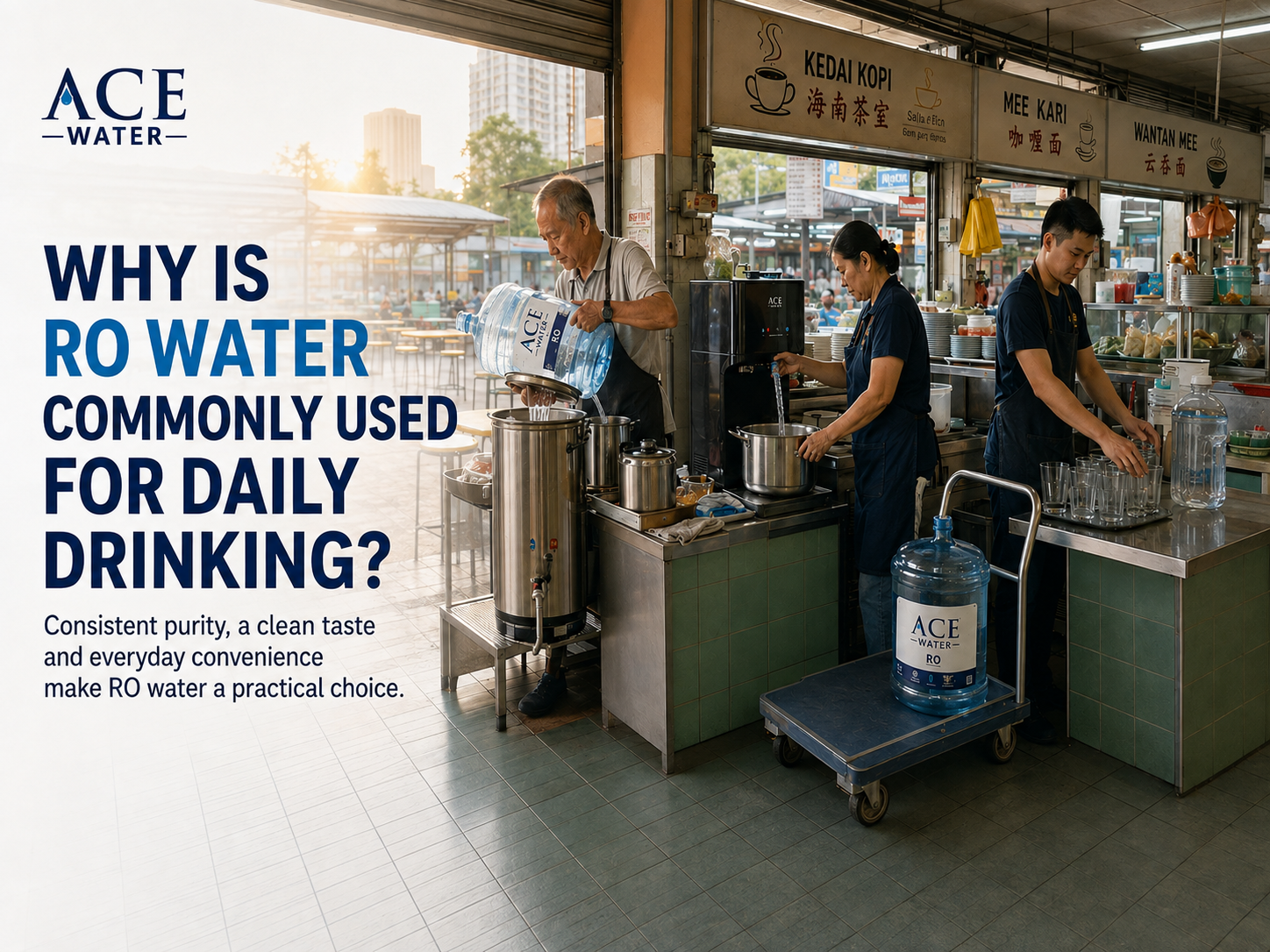 A Malaysian food stall using large RO water bottles and a water dispenser for daily drinking and food preparation, illustrating why RO water is commonly used for its convenience, clean taste, and consistent quality.