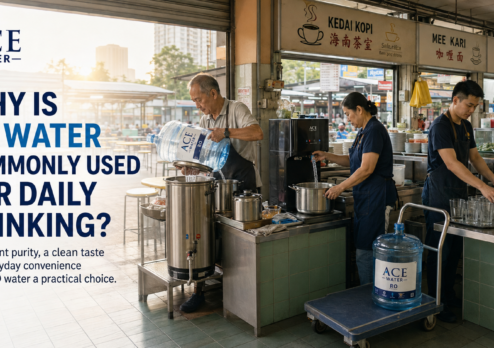 A Malaysian food stall using large RO water bottles and a water dispenser for daily drinking and food preparation, illustrating why RO water is commonly used for its convenience, clean taste, and consistent quality.